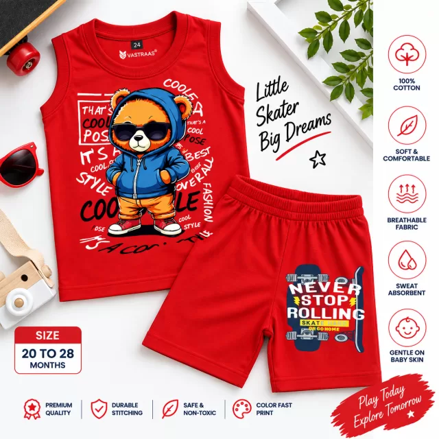 Boys Cool Skater Bear & Never Stop Rolling Printed Co-Ord Set – Red