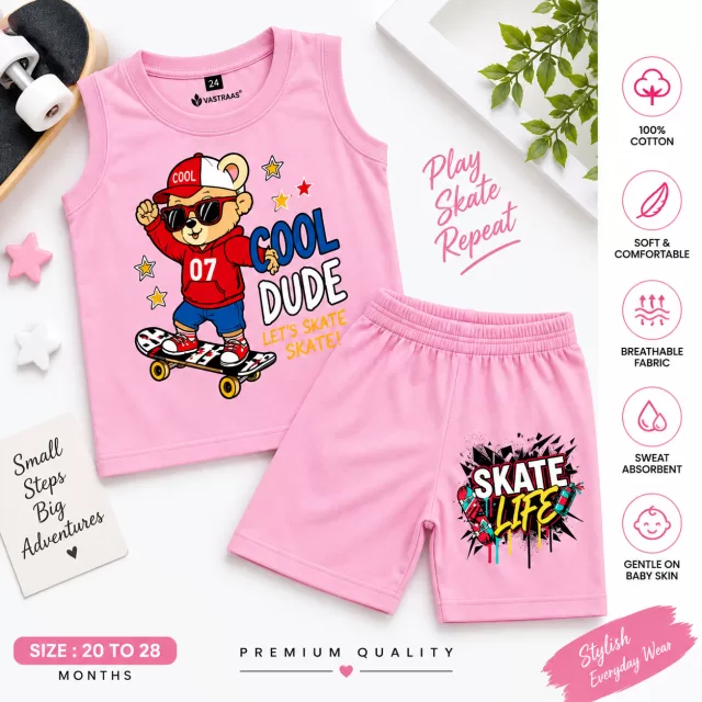 Boys Cool Dude & Skate Life Printed Co-Ord Set – Baby Pink